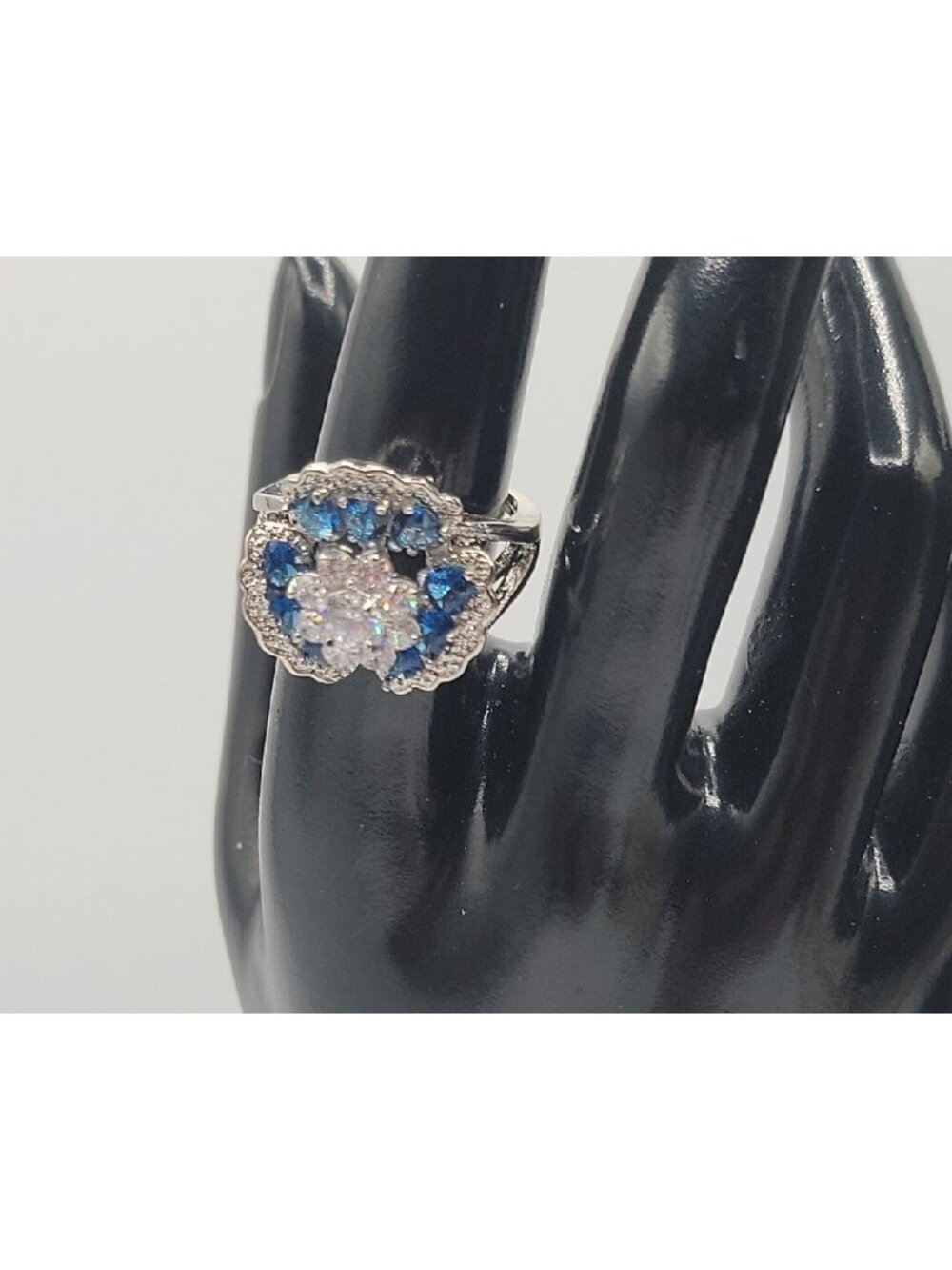 Sterling Silver Crystal Flower Ring Blue Clear Stones 925 Ruffled Petals SZ 9 - Picture 11 of 16